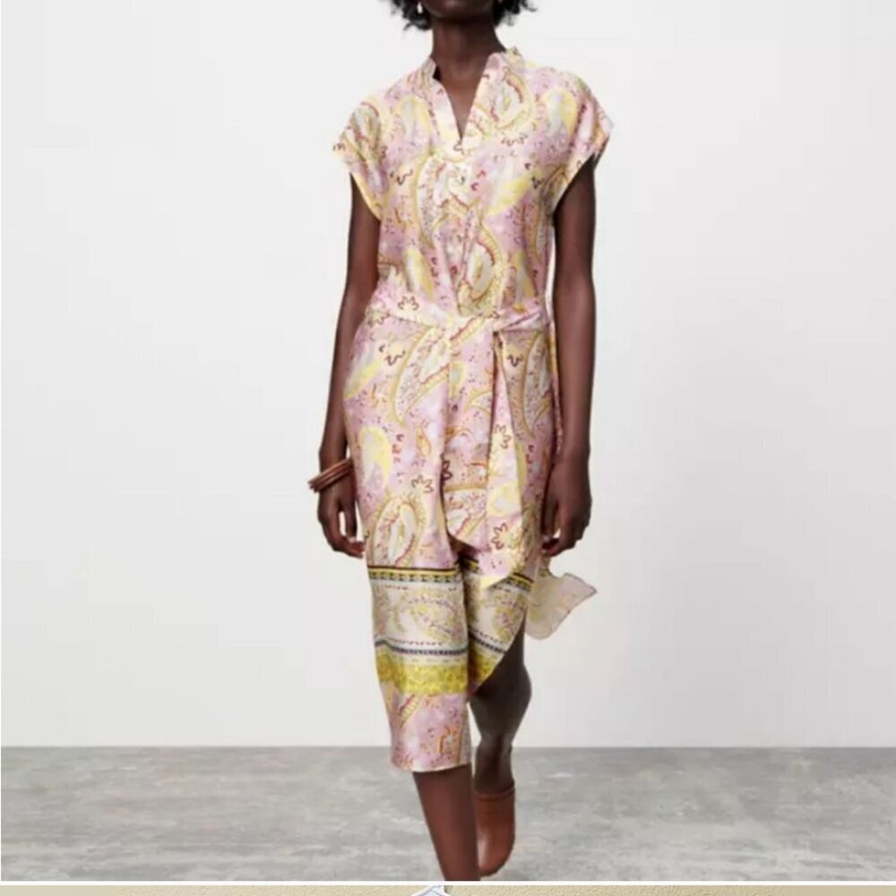 ZARA Floral Paisley Satin Kaftan Tunic Dress  Pink & Gold Women Small  Boho  NWT